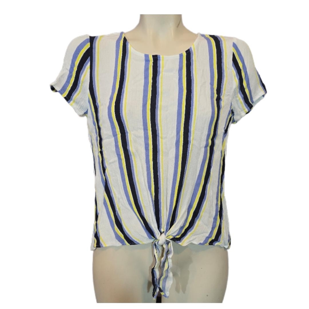 A. Byer Blue and Yellow Striped Tie-Front Tee
